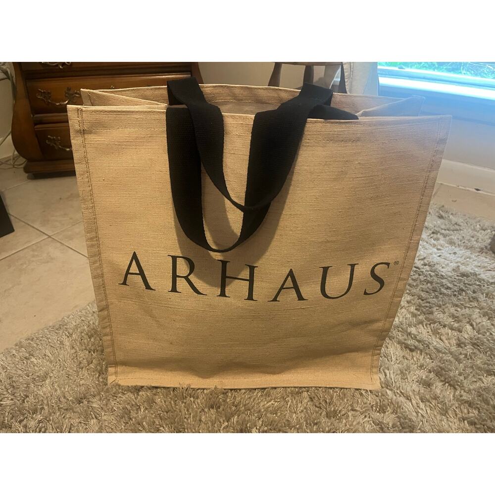 ARHAUS logo jute reusable shopping tote. 65% Jute 35% Cotton